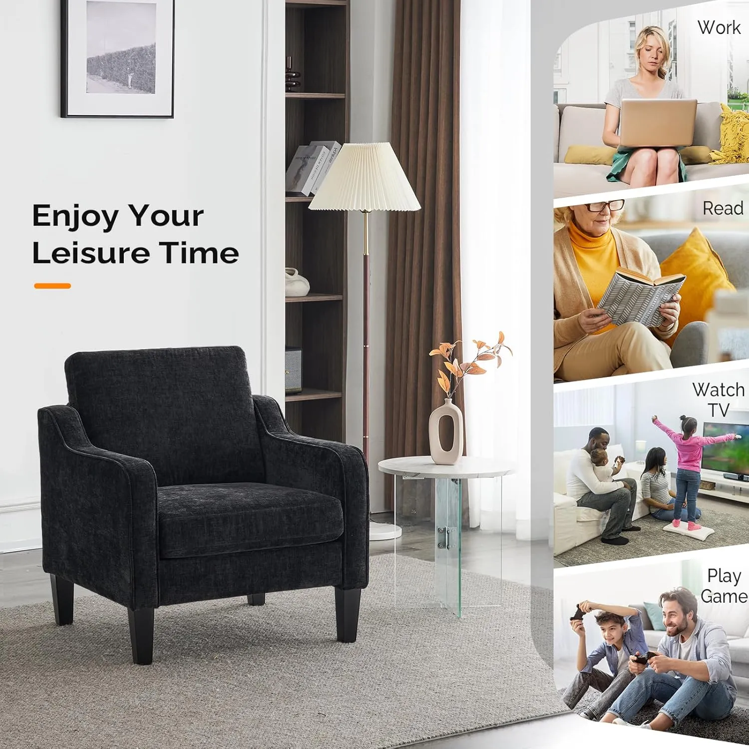 VINGLI Mid Century Modern Accent Chairs - Soft Chenille Upholstered Arm & Side Chairs for Living Room & Reading (Black Chenille)