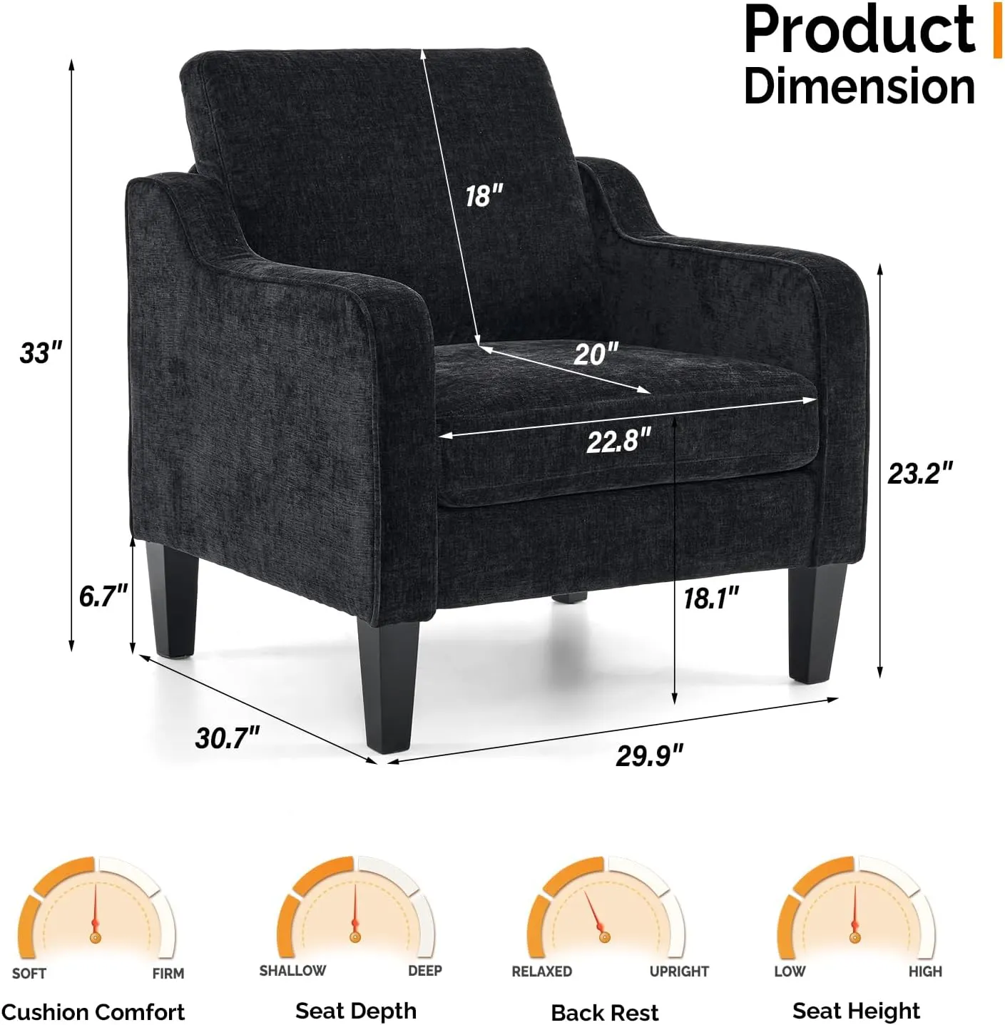 VINGLI Mid Century Modern Accent Chairs - Soft Chenille Upholstered Arm & Side Chairs for Living Room & Reading (Black Chenille)
