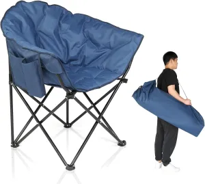 VINGLI Oversize Camping Chair Padded with Side Pocket Carry Bag, Outdoor Folding Lounge Patio Club Chair Moon Round Chair Saucer Recliner