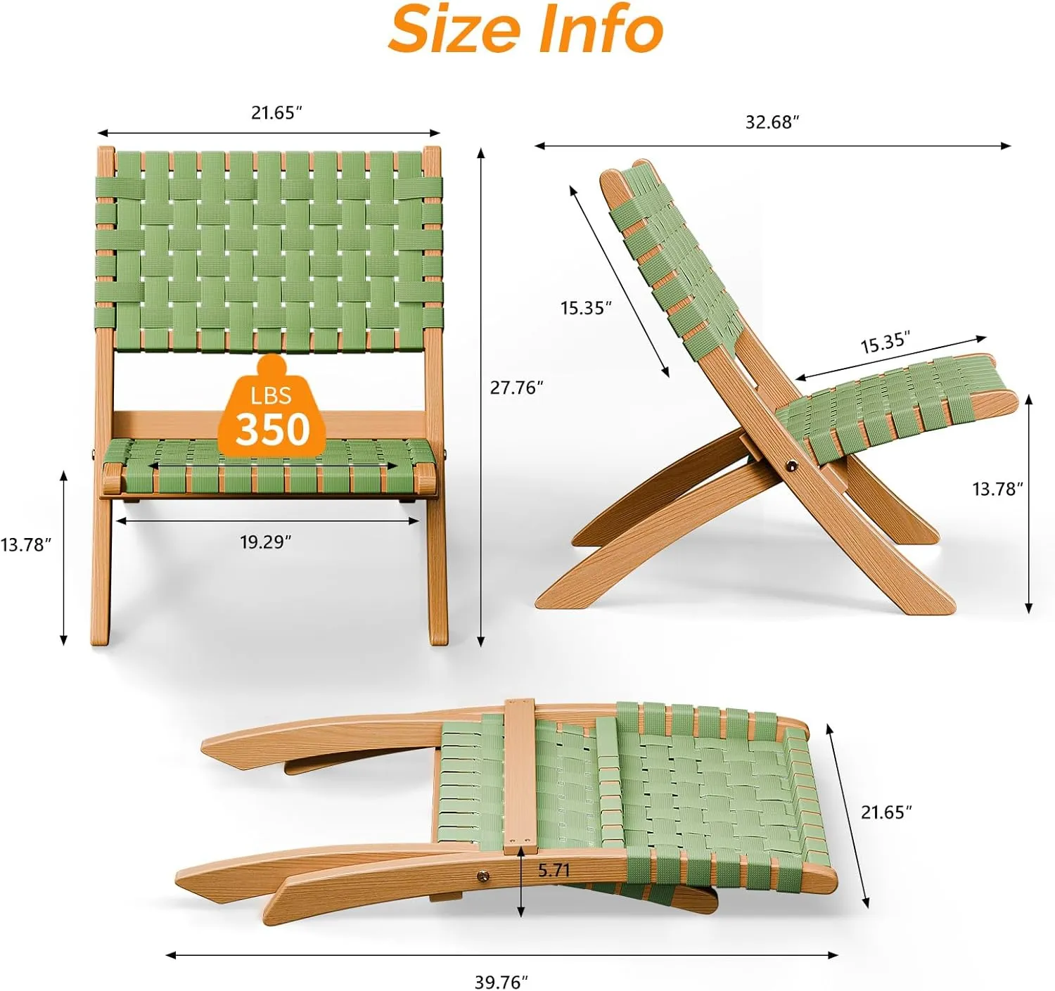 VINGLI Wooden Outdoor Chairs, Portable Rattan Folding Chair with Low Webbing Seat and Backrest, Adirondack Chairs, Ideal for Patio, Lawn, Garden, Fishing, Green, 2 Pack