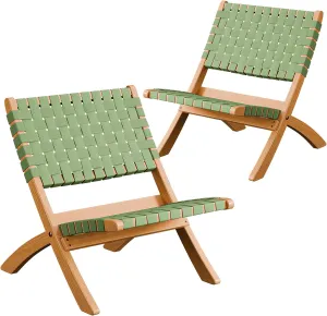 VINGLI Wooden Outdoor Chairs, Portable Rattan Folding Chair with Low Webbing Seat and Backrest, Adirondack Chairs, Ideal for Patio, Lawn, Garden, Fishing, Green, 2 Pack