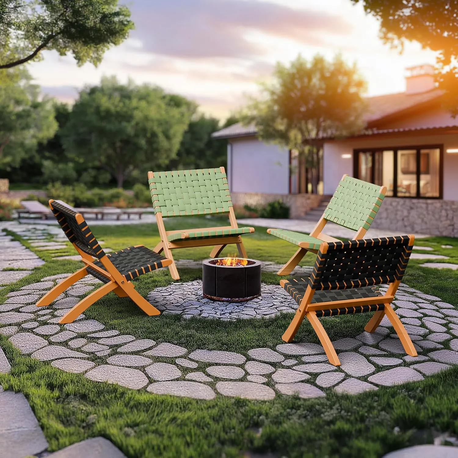 VINGLI Wooden Outdoor Chairs, Portable Rattan Folding Chair with Low Webbing Seat and Backrest, Adirondack Chairs, Ideal for Patio, Lawn, Garden, Fishing, Green, 2 Pack