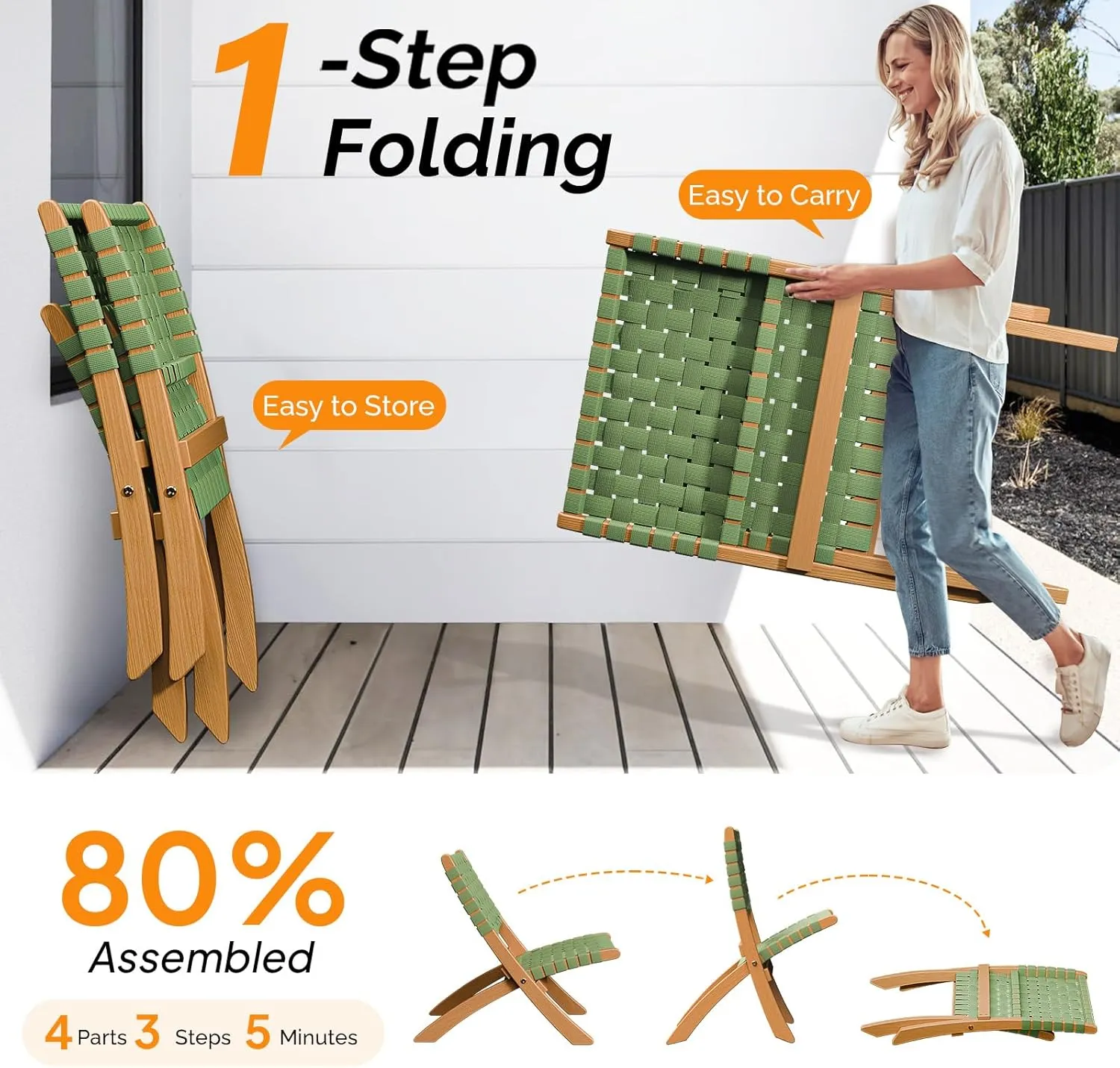 VINGLI Wooden Outdoor Chairs, Portable Rattan Folding Chair with Low Webbing Seat and Backrest, Adirondack Chairs, Ideal for Patio, Lawn, Garden, Fishing, Green, 2 Pack