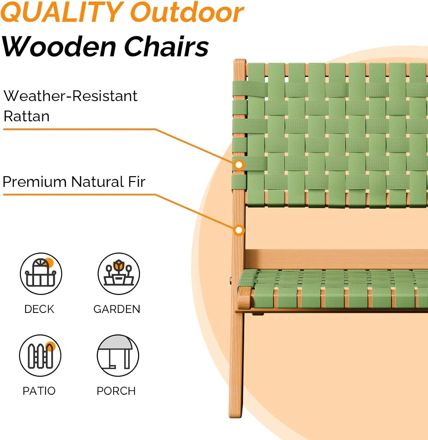 VINGLI Wooden Outdoor Chairs, Portable Rattan Folding Chair with Low Webbing Seat and Backrest, Adirondack Chairs, Ideal for Patio, Lawn, Garden, Fishing, Green, 2 Pack