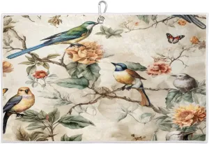 Vintage Watercolor Flower Twig Bird Golf Towel with Heavy Duty Carabiner Ultra Absorbent Quick Dry Perfect for Cleaning Clubs Balls Gear Essential Golf Accessory for Men Women Kids