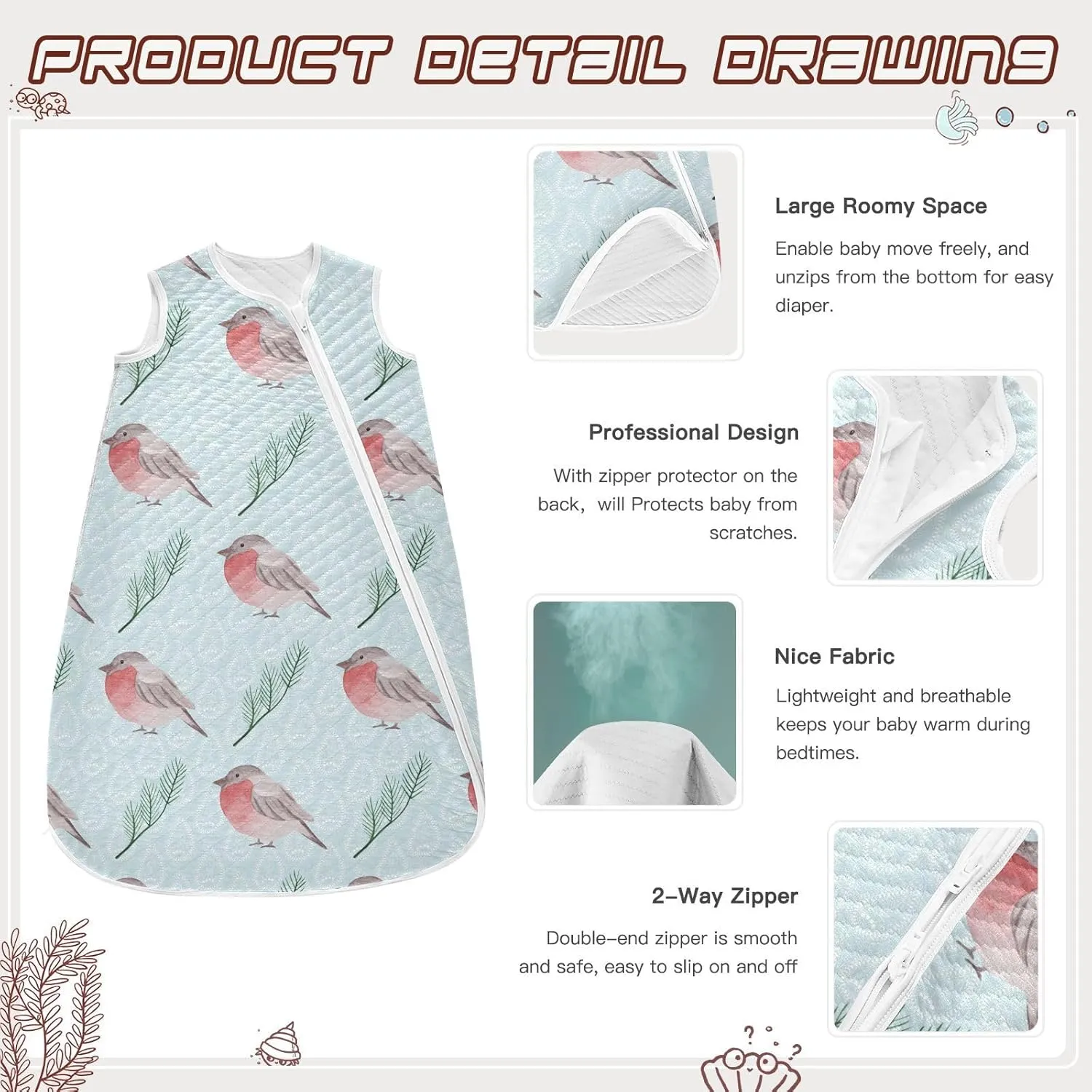 vvfelixl Cute Robin Bird Baby Sleeping Bag Sleep Sack,Baby Wearable Blanket Sleep Suit for 0-6 Months
