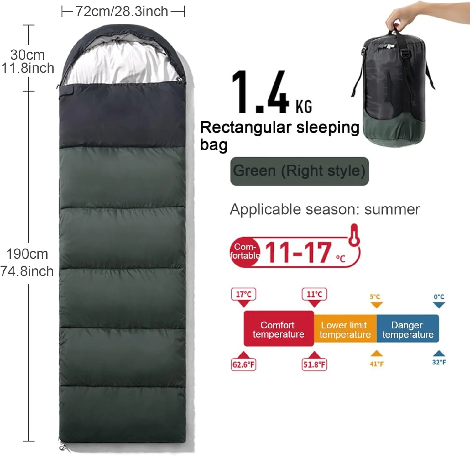 Warm Weather Sleeping Bag, Portable Lightweight Removable for Spring Summer 3 Season Camping Hiking Adults Teens
