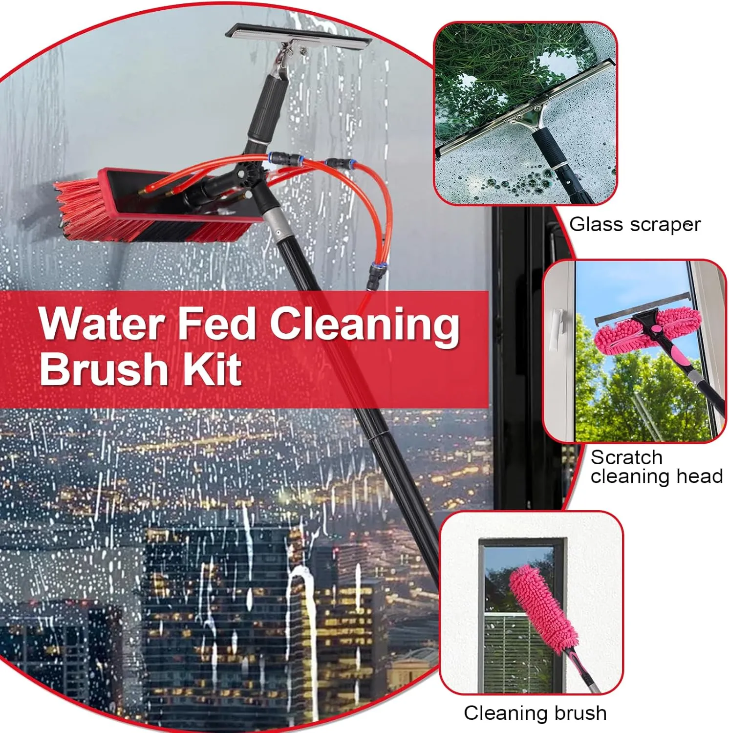 Water Fed Pole Kit Adjustable Solar Panel Cleaning Kit Cleaner Tool for Window Glass Roof Outdoor Glass Brush Window Washing Equipment (37FT)