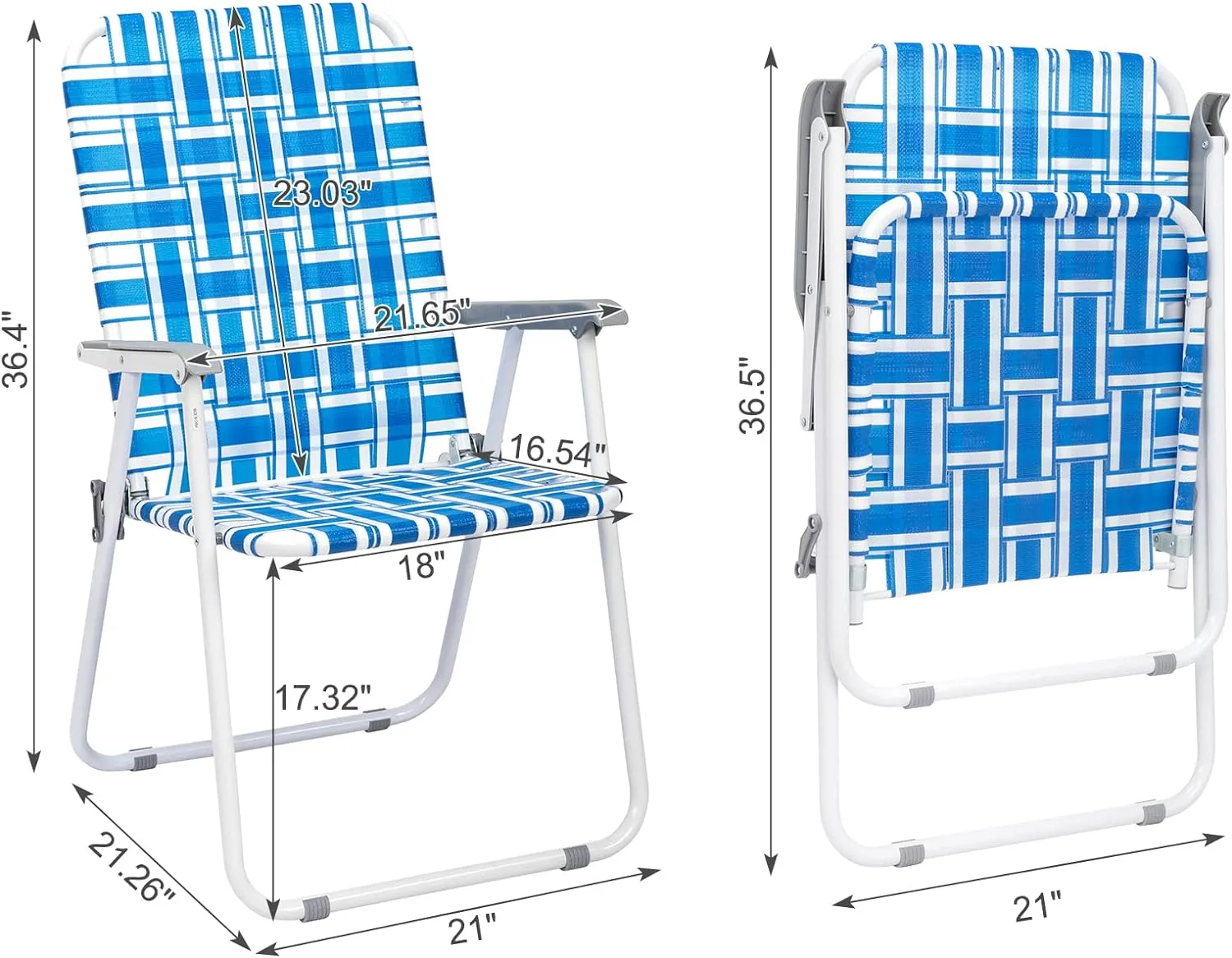 Webbed Patio Lawn Folding Up Beach Chairs 2 Packs Lightweight, Sturdy, Comfortable, Portable, and Stylish Outdoor Chair for Yard, Garden，Camping, Sports and Beach (Blue& White)