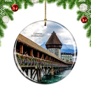 Weekino Switzerland Lucerne Chapel Bridge Christmas Xmas Tree Ornament Decoration Hanging Pendant Decor City Travel Souvenir Collection Double Sided Porcelain 2.85 Inch