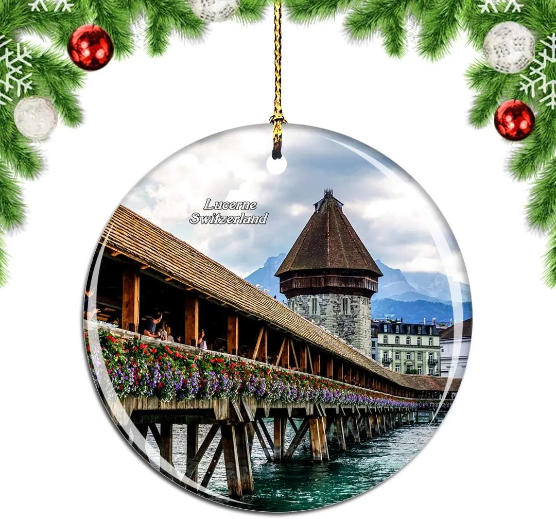 Weekino Switzerland Lucerne Chapel Bridge Christmas Xmas Tree Ornament Decoration Hanging Pendant Decor City Travel Souvenir Collection Double Sided Porcelain 2.85 Inch