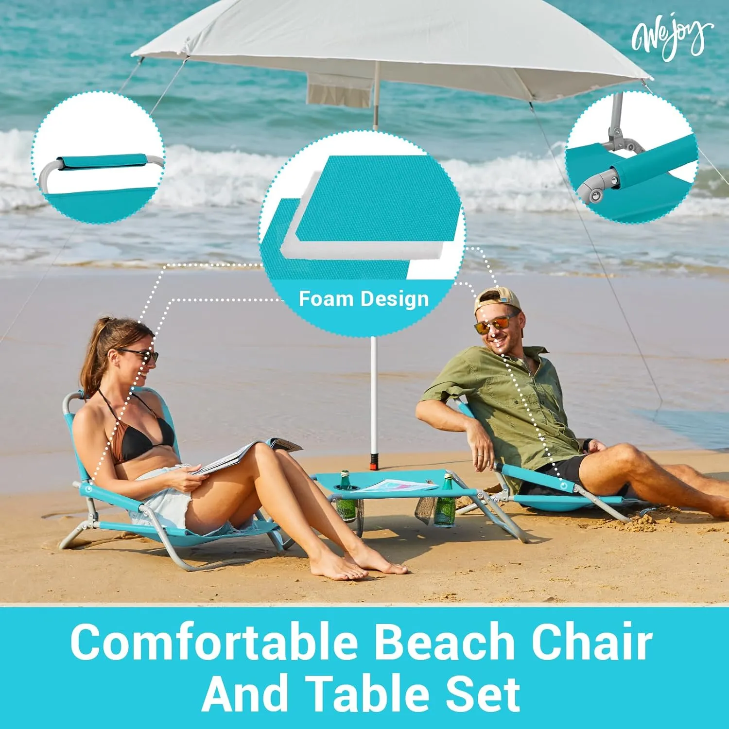#WEJOY 2 Pack Beach Chairs and Table Set Folding Low Beach Chairs for Adults Lightweight Outdoor Chair with Carry Bag for Lawn Camping Picnic Sports Cyan Chair & Table Set