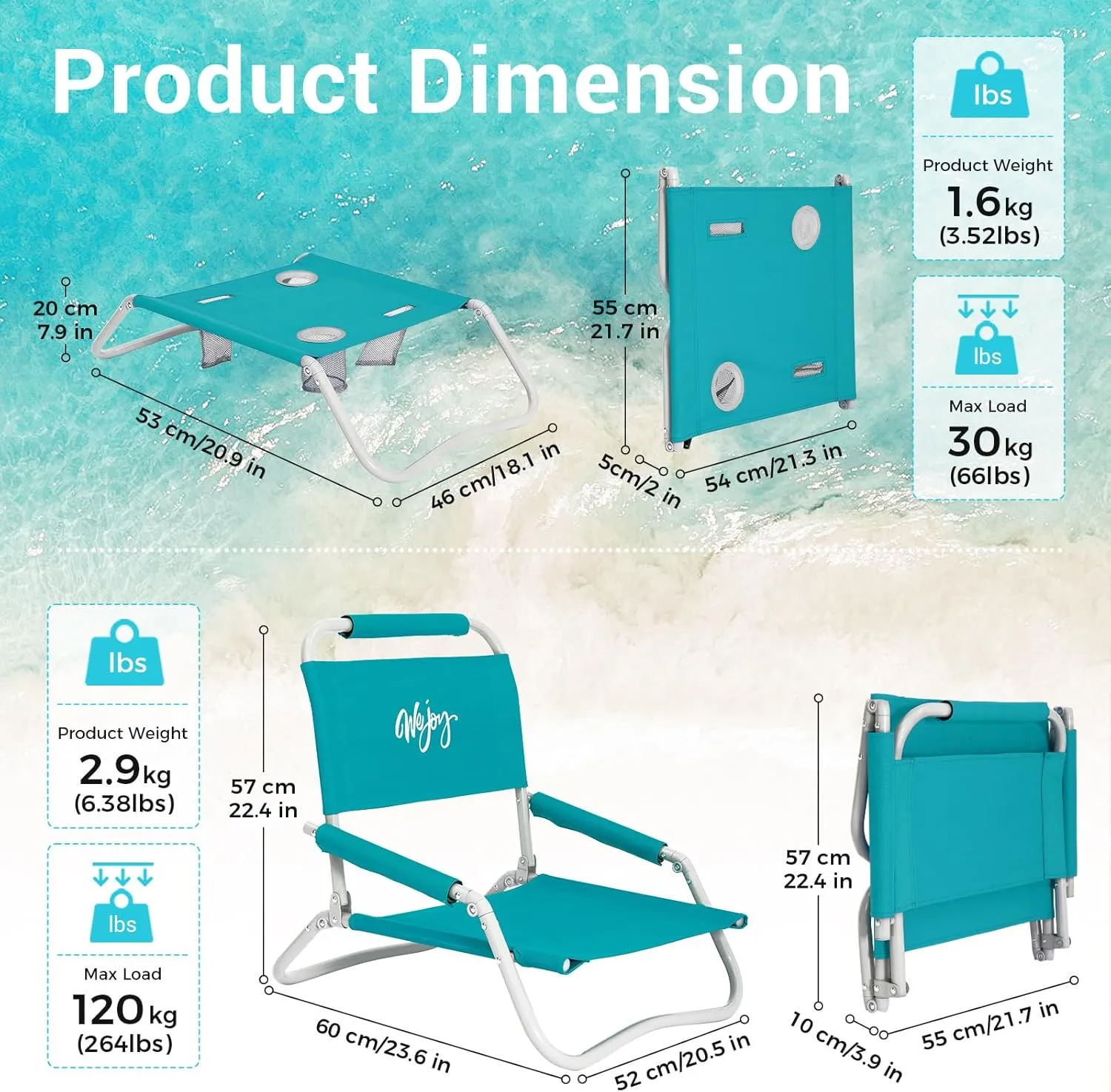 #WEJOY 2 Pack Beach Chairs and Table Set Folding Low Beach Chairs for Adults Lightweight Outdoor Chair with Carry Bag for Lawn Camping Picnic Sports Cyan Chair & Table Set