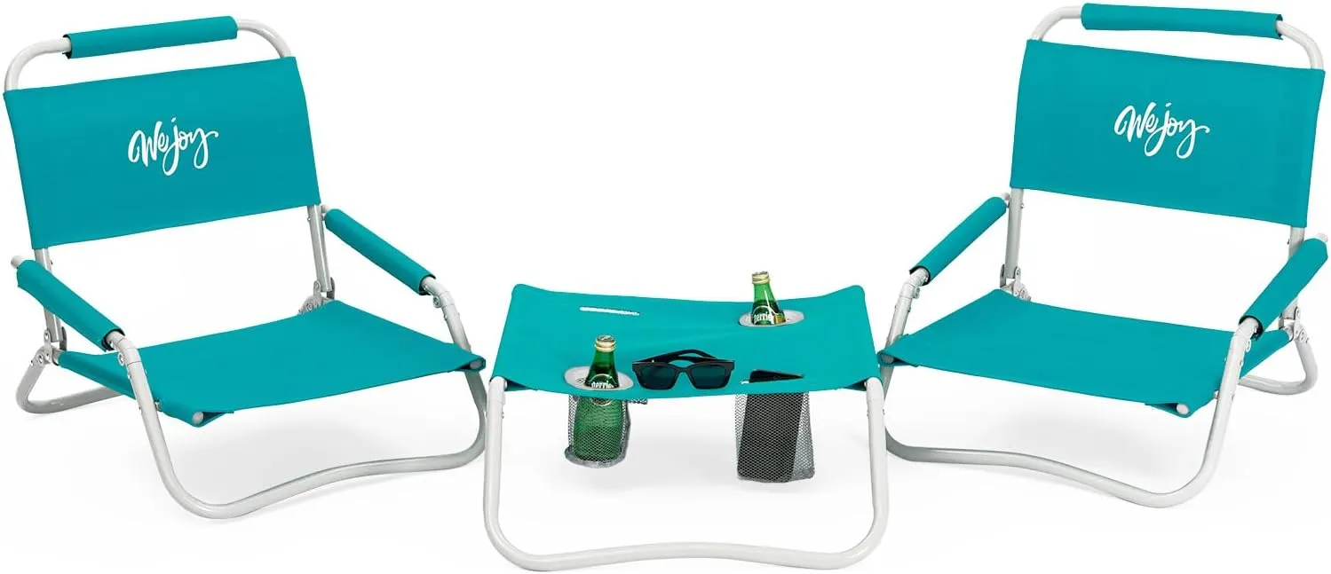 #WEJOY 2 Pack Beach Chairs and Table Set Folding Low Beach Chairs for Adults Lightweight Outdoor Chair with Carry Bag for Lawn Camping Picnic Sports Cyan Chair & Table Set