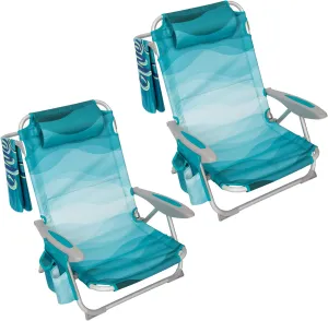 #WEJOY 2 Pack Low Beach Chairs for Adults,4-Position Folding Beach Chair with Shoulder Strap, Cup Holder, Lightweight Lawn Chair Supports 265lbs, CYANPRINT