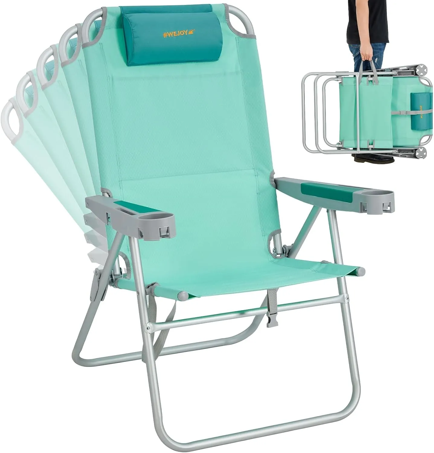 #WEJOY Beach Chairs for Adults Aluminum HeavyDuty Folding Reclining Beach Chair with 5 Positions for Outdoor Lawn, Support 300LBS Portable Camping Chair with Headrest,Cup Holder and Bottle Opener