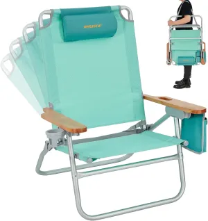 #WEJOY Folding Beach Chair for Adults 4 Position Aluminum Beach Chair with Headrest, Wooden Armrests, Cup Holder for Outdoor Camp Lawn Picnic BBQ Support 300LBS Backpack Folding Reclining Beach Chairs