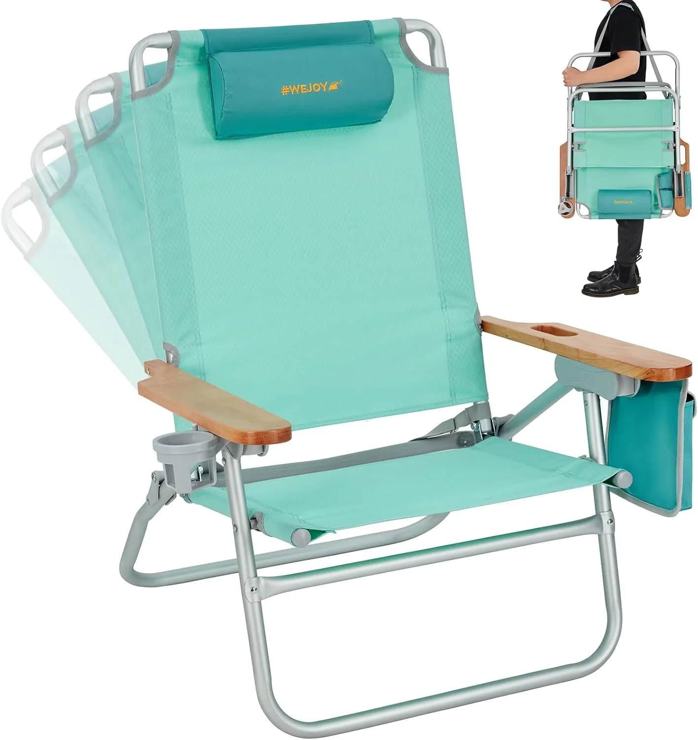 #WEJOY Folding Beach Chair for Adults 4 Position Aluminum Beach Chair with Headrest, Wooden Armrests, Cup Holder for Outdoor Camp Lawn Picnic BBQ Support 300LBS Backpack Folding Reclining Beach Chairs