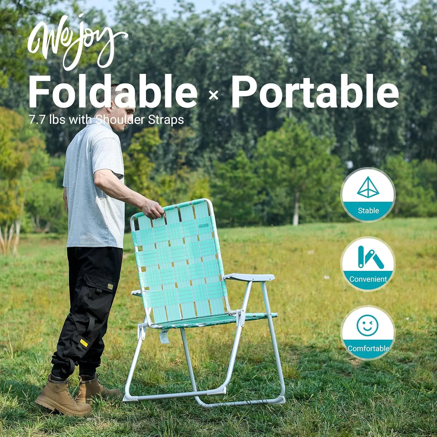 #WEJOY Folding Beach Chair for Adults, Lightweight Beach Chair with Shoulder Straps, High Back Beach Chairs with Hard Armrest, Supports 300lbs for Beach Lawn Concert