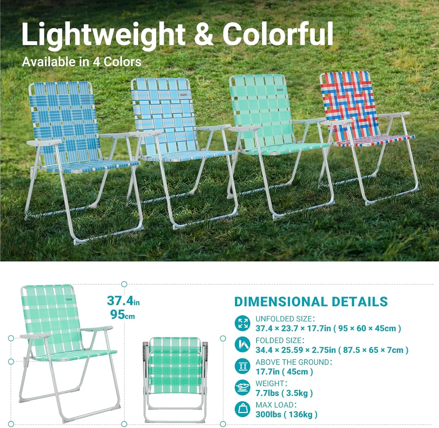 #WEJOY Folding Beach Chair for Adults, Lightweight Beach Chair with Shoulder Straps, High Back Beach Chairs with Hard Armrest, Supports 300lbs for Beach Lawn Concert