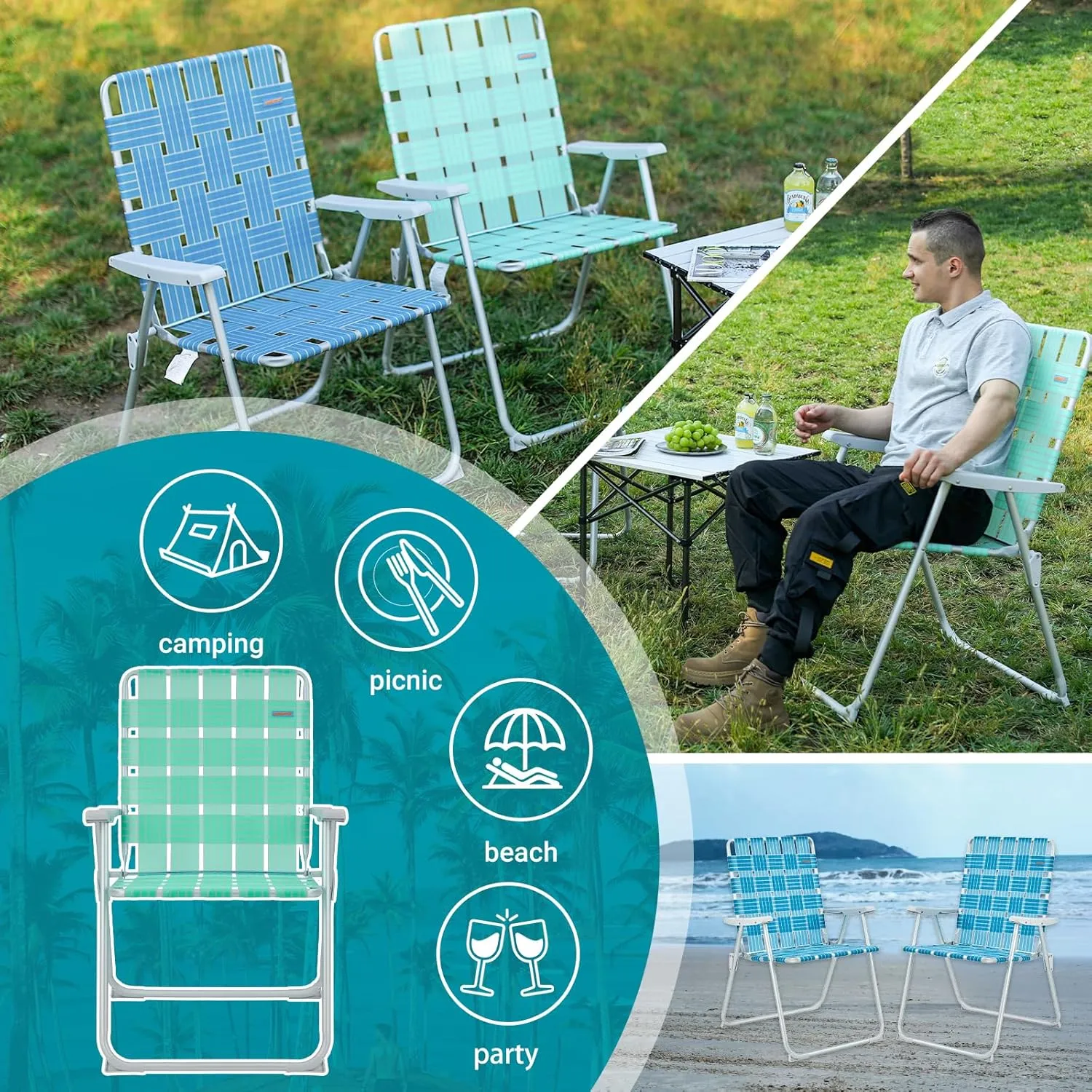 #WEJOY Folding Beach Chair for Adults, Lightweight Beach Chair with Shoulder Straps, High Back Beach Chairs with Hard Armrest, Supports 300lbs for Beach Lawn Concert