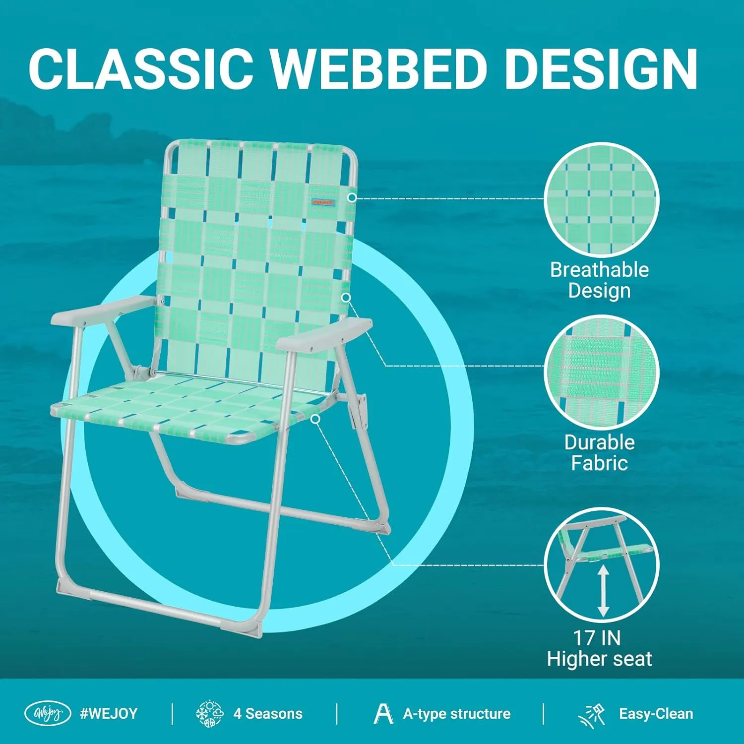 #WEJOY Folding Beach Chair for Adults, Lightweight Beach Chair with Shoulder Straps, High Back Beach Chairs with Hard Armrest, Supports 300lbs for Beach Lawn Concert