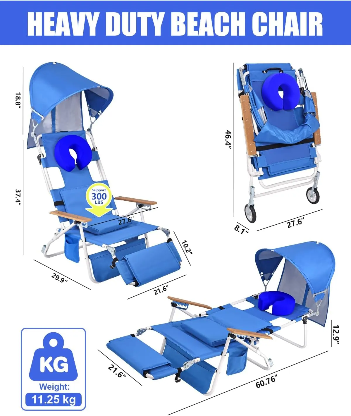 Wheel-2-Go 5-in-1 Beach Tanning Chair with Face Hole, Wheels, Canopy Shade, Footrest, Portable Folding Reclining Lay Flat Beach Lounger for Adults Reading Sunbathing Poolside, Patented