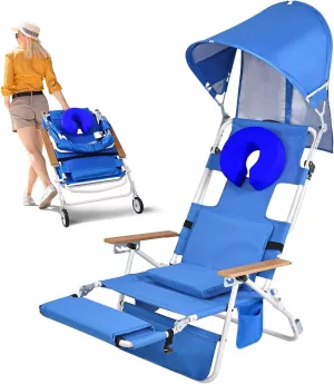 Wheel-2-Go 5-in-1 Beach Tanning Chair with Face Hole, Wheels, Canopy Shade, Footrest, Portable Folding Reclining Lay Flat Beach Lounger for Adults Reading Sunbathing Poolside, Patented