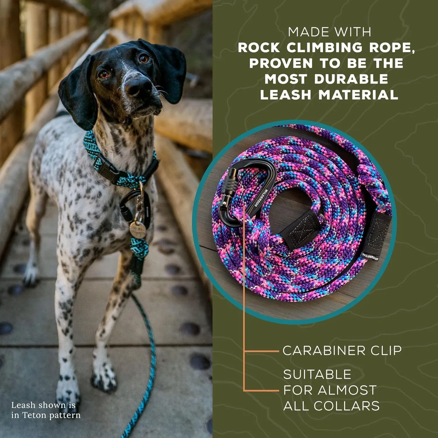 Wilderdog Carabiner Climbing Rope Dog Leash for Medium & Large Dogs - 10ft - Razzleberry