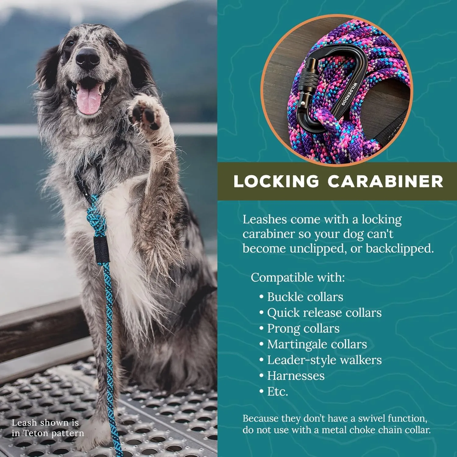 Wilderdog Carabiner Climbing Rope Dog Leash for Medium & Large Dogs - 10ft - Razzleberry