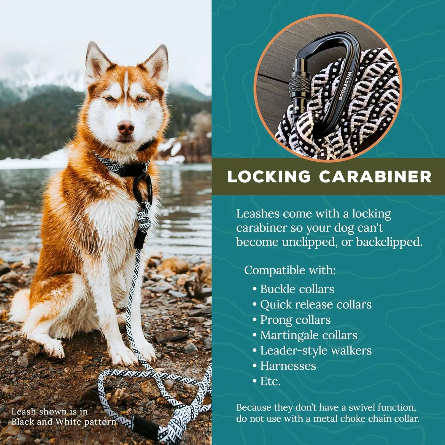 Wilderdog Carabiner Climbing Rope Dog Leash for Medium & Large Dogs - 5ft - Black & White