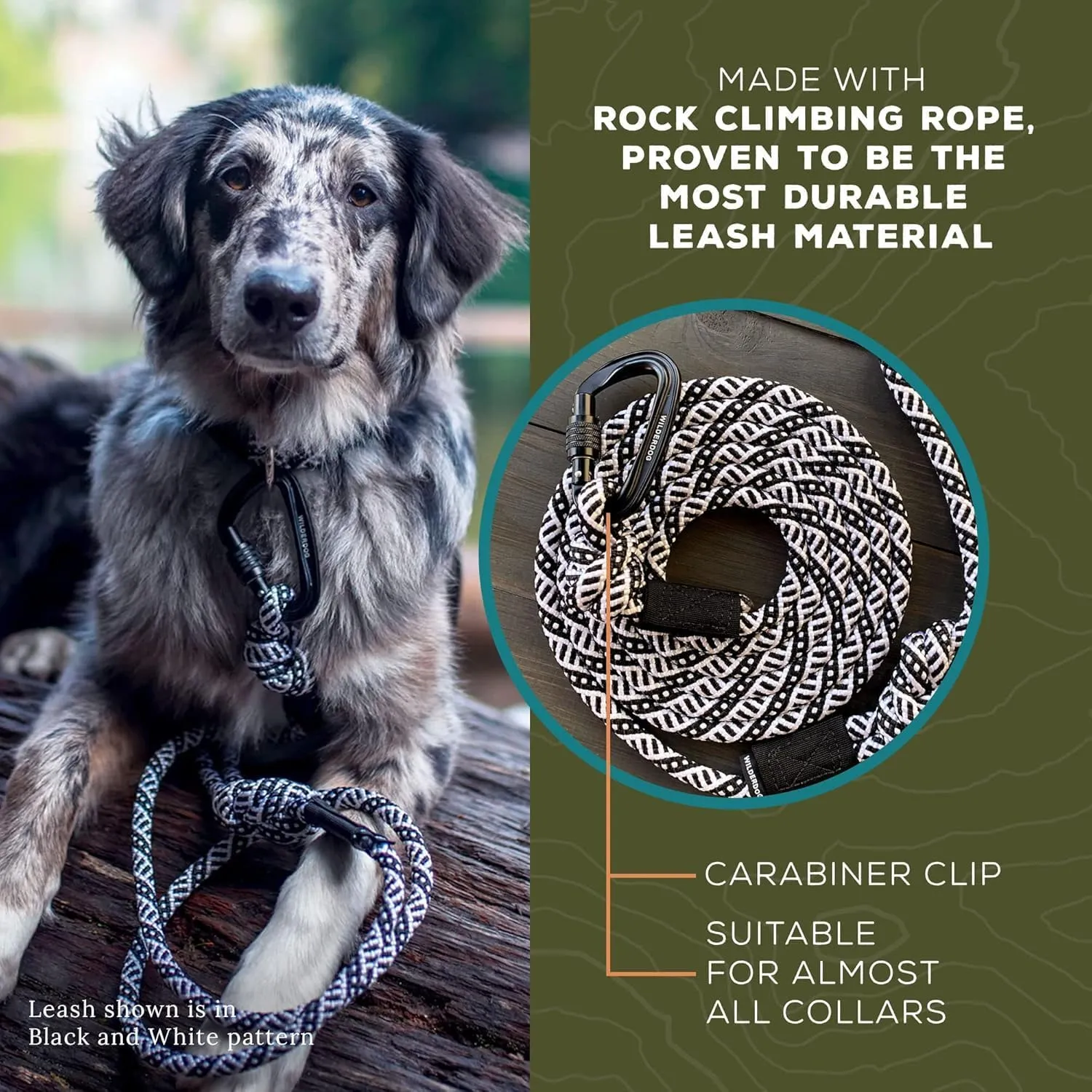 Wilderdog Carabiner Climbing Rope Dog Leash for Medium & Large Dogs - 5ft - Black & White