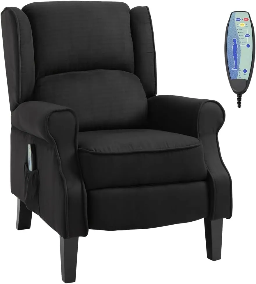 Wingback Heated Vibrating Massage Chair, Accent Sofa Vintage Upholstered Massage Recliner Chair Push-Back with Remote Controller, Black