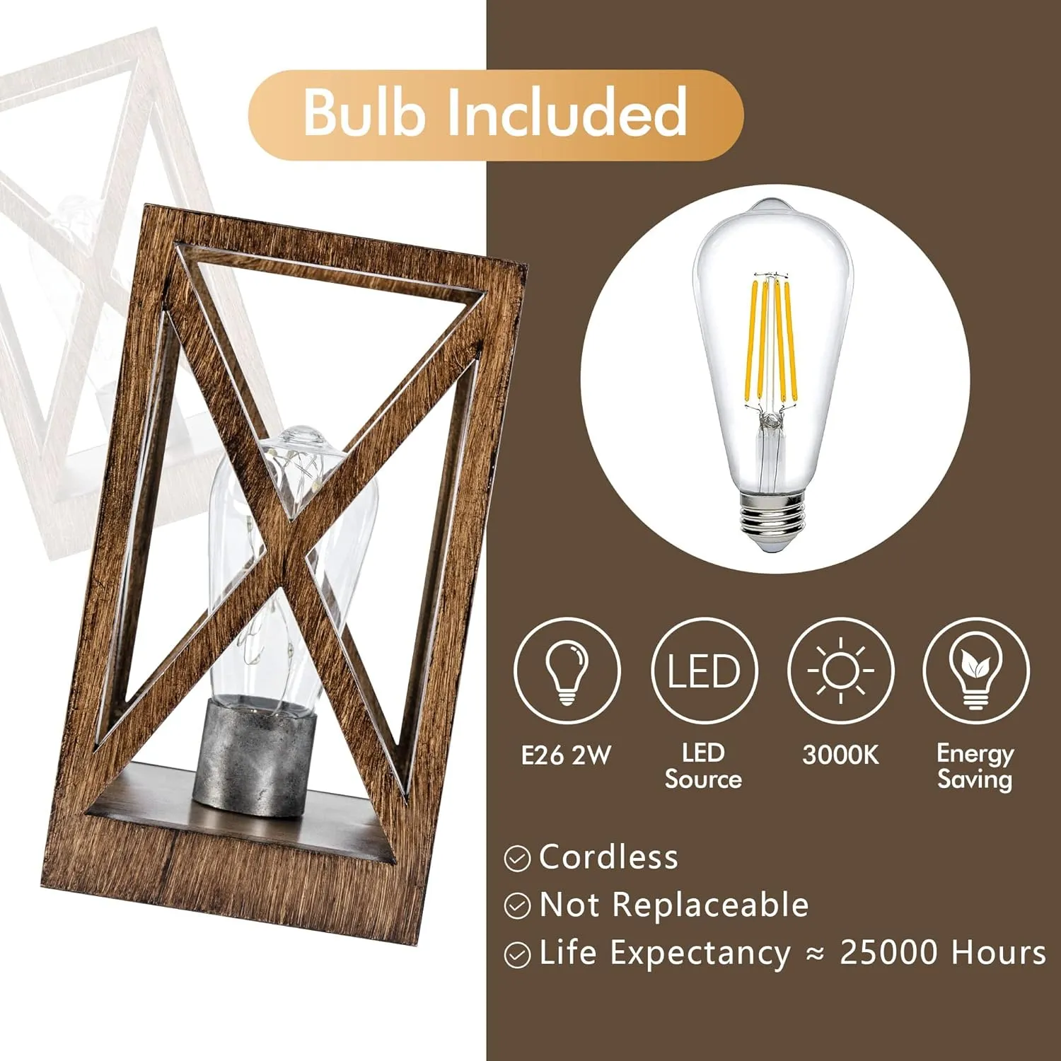 WINGBO Retro Battery Powered Table Lamps, Battery Operated Cordless Lamp, Portable Nightlight Decorative Light for Living Room Dining Room Bedroom Entryway Patio Backyard, Faded Brown Finish