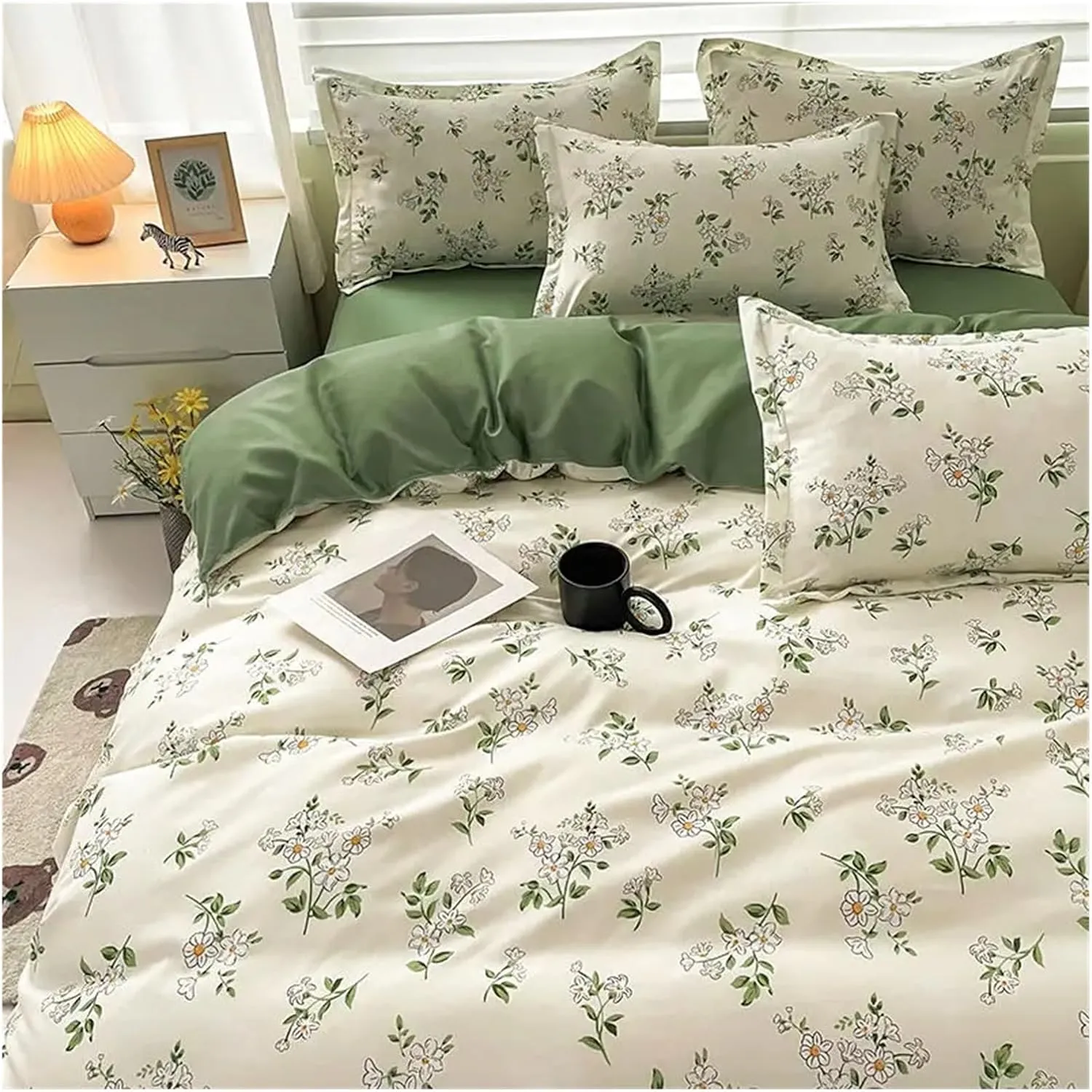 Winter Fashion Bedding Set White Green Double Bed Linens - Duvet Cover Pillowcase Queen Size Flat Sheet Classic Grid(B,Twin 4pcs)