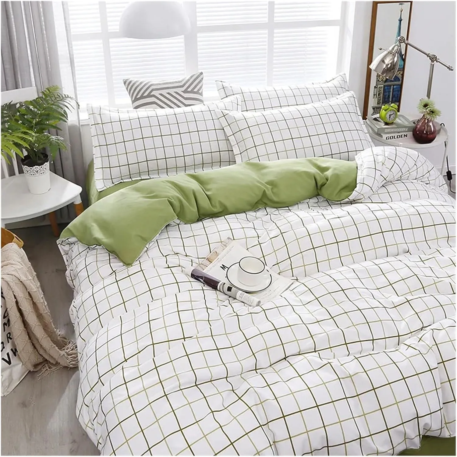 Winter Fashion Bedding Set White Green Double Bed Linens - Duvet Cover Pillowcase Queen Size Flat Sheet Classic Grid(B,Twin 4pcs)