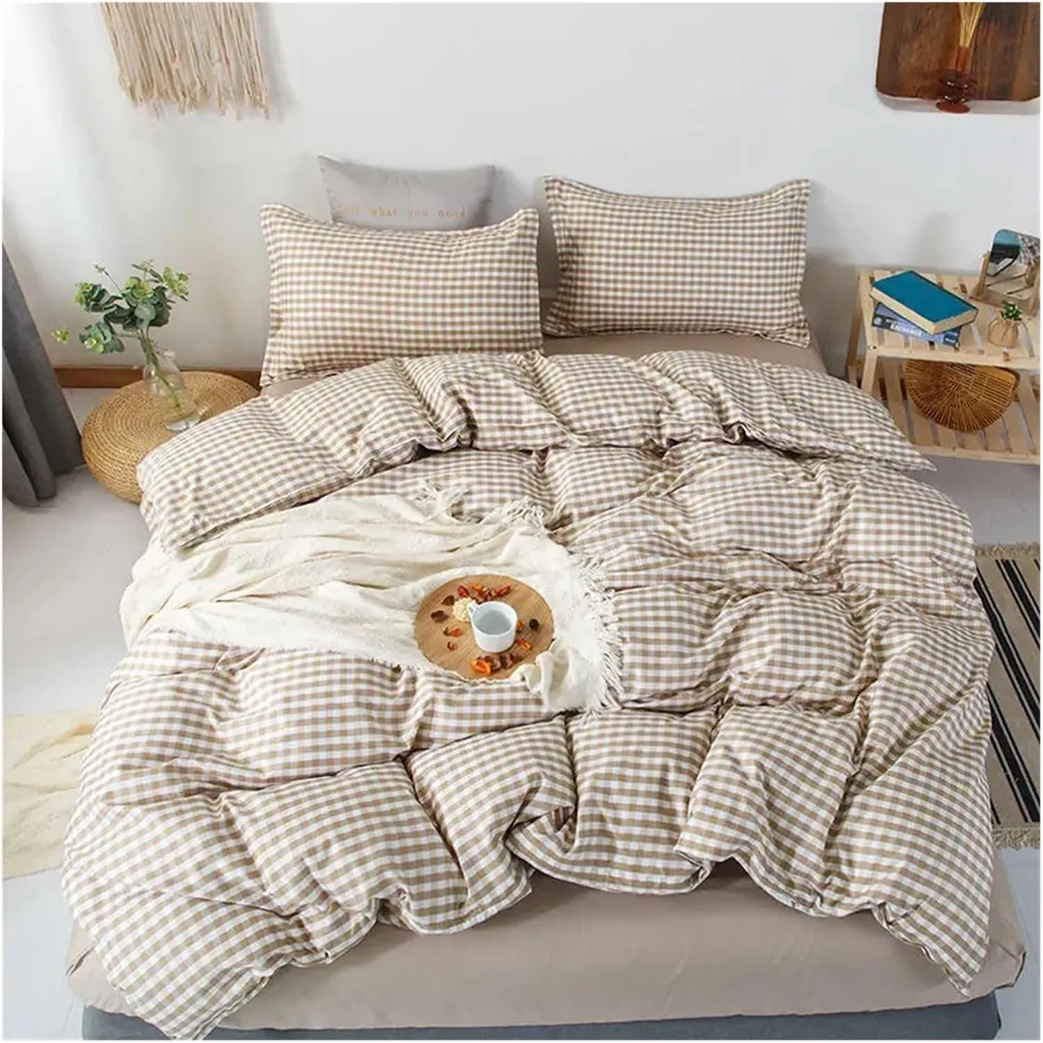 Winter Fashion Bedding Set White Green Double Bed Linens - Duvet Cover Pillowcase Queen Size Flat Sheet Classic Grid(B,Twin 4pcs)
