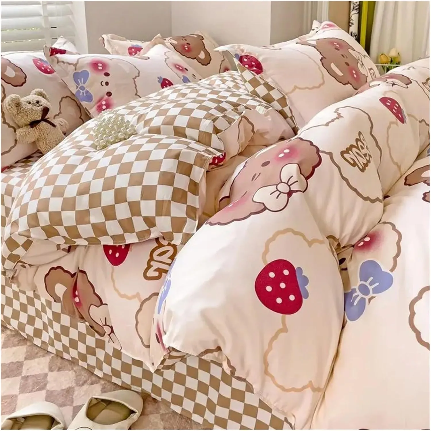 Winter Fashion Bedding Set White Green Double Bed Linens - Duvet Cover Pillowcase Queen Size Flat Sheet Classic Grid(B,Twin 4pcs)