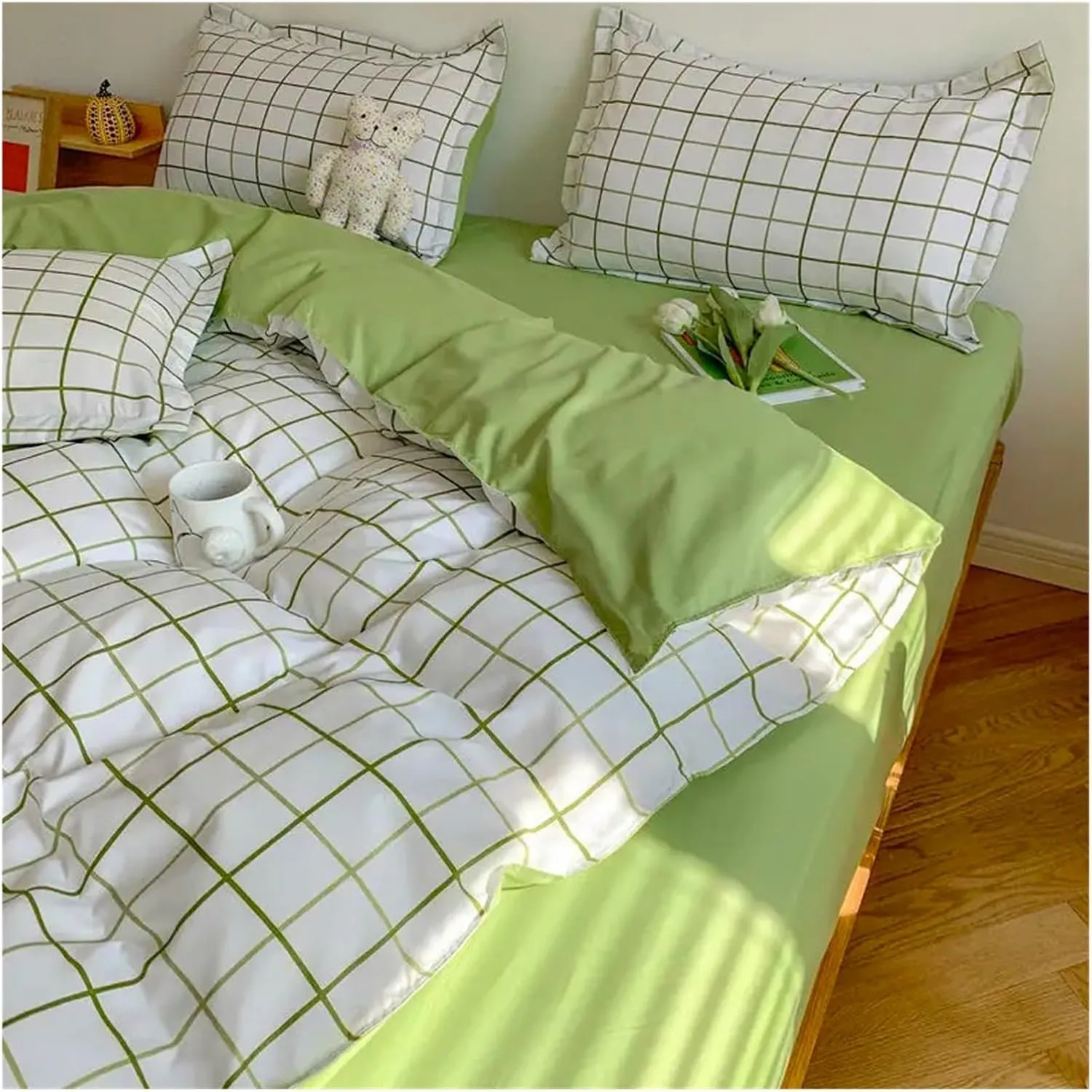 Winter Fashion Bedding Set White Green Double Bed Linens - Duvet Cover Pillowcase Queen Size Flat Sheet Classic Grid(B,Twin 4pcs)