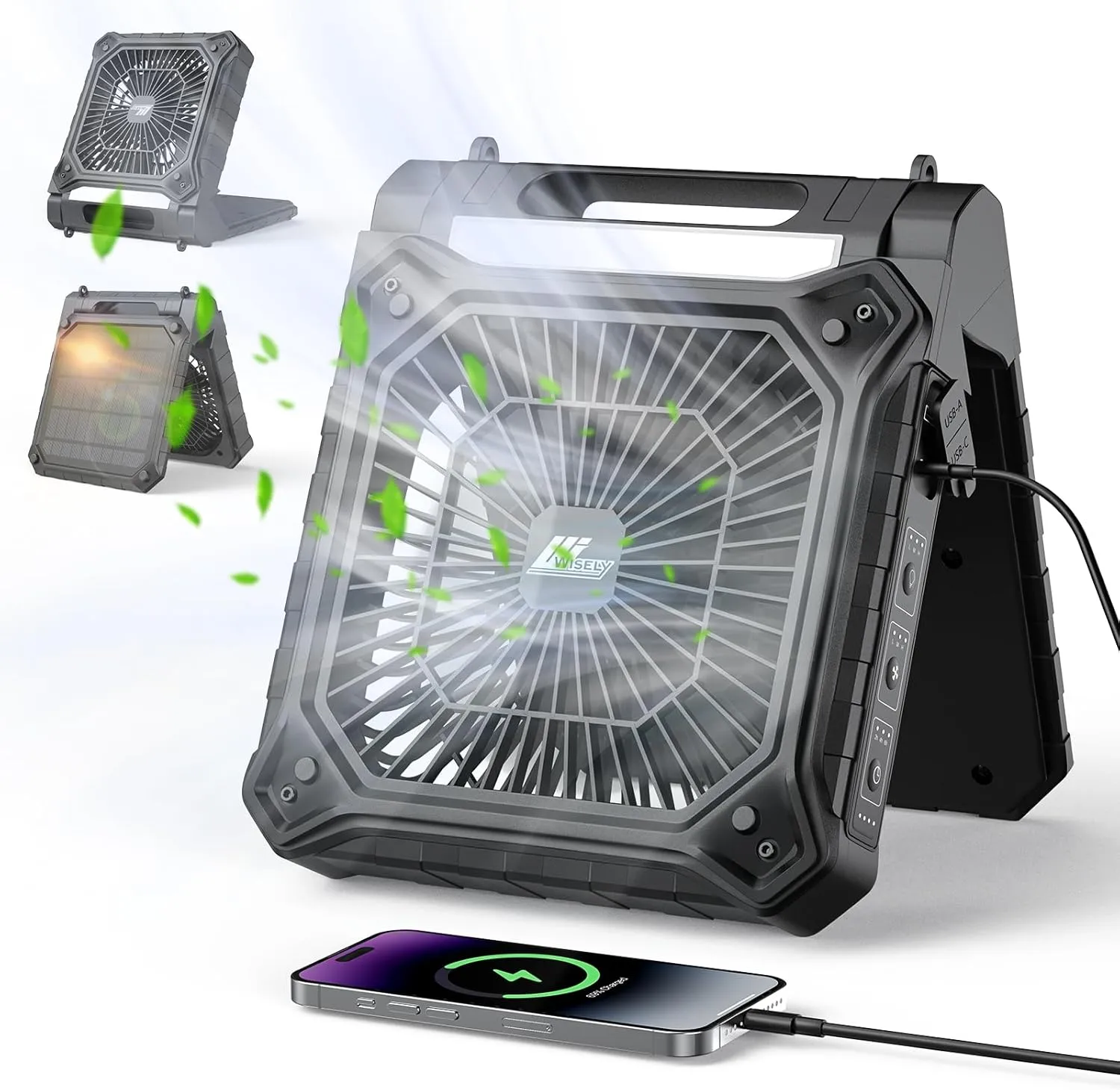 Wisely Solar Powered Fan, Portable Cordless Solar Powered Fan with LED Lantern, USB C & A Rechargeable Battery Operated for Travel Bedroom Home Camping Tent Office Beach Desk Fishing Table