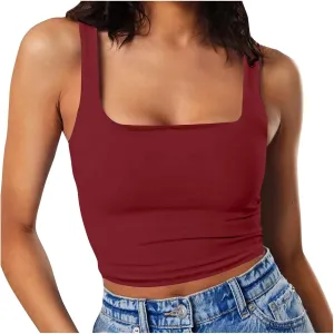 Women Sleeveless Vest Square Neck Double Layer Fitness Casual Short Top Vest N
