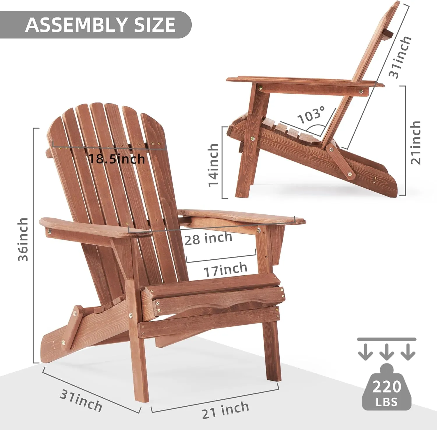 Wooden Folding Adirondack Chair, Half Pre-Assembled Wood Patio Lounge Chair for Outdoor Garden Backyard Porch Pool Deck Firepit