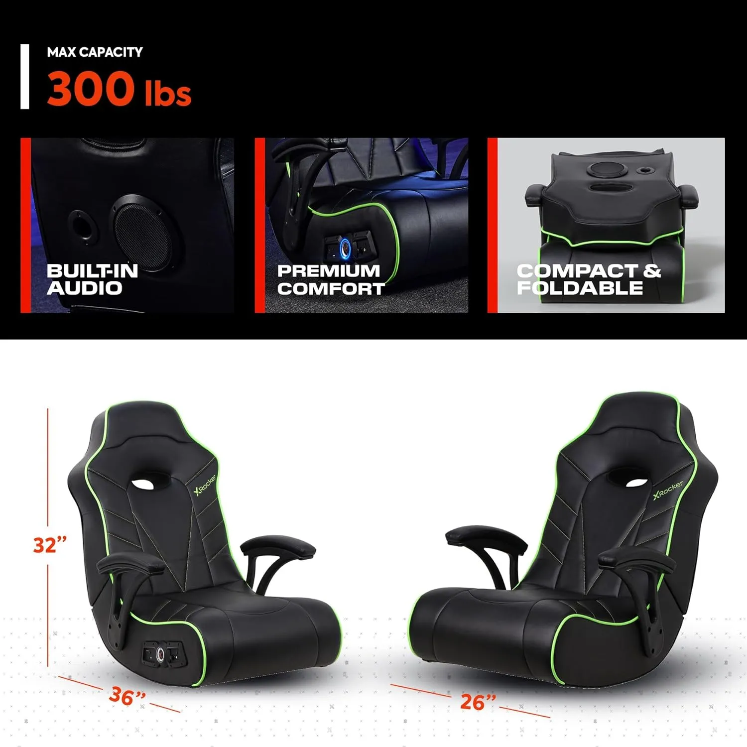X Rocker Video Gaming Chair for Adults, XL Floor Rocker Chair with Built-in Audio Speakers, Foldable for Bedroom or Game Room, Gifts for Gamers