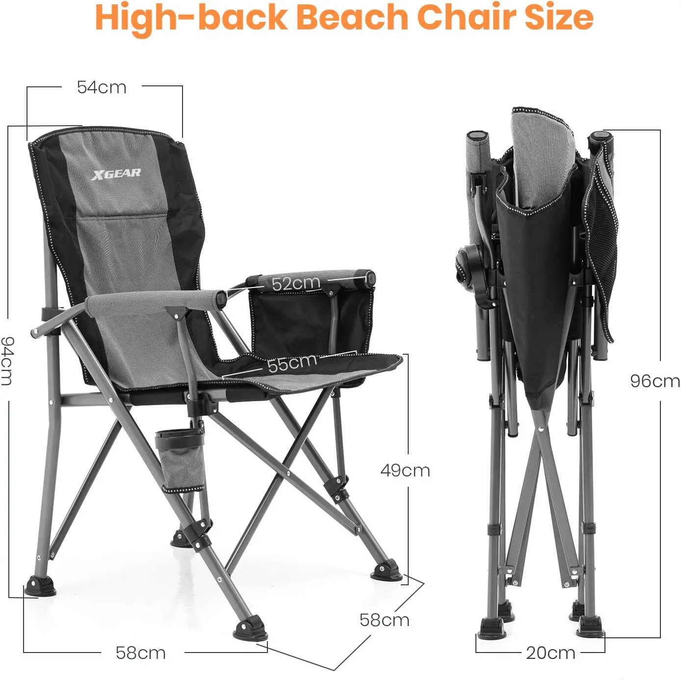 XGEAR Camping Chair Hard Arm High Back Lawn Chair Heavy Duty with Cup Holder, for Camp, Fishing, Hiking, Outdoor, Carry Bag Included
