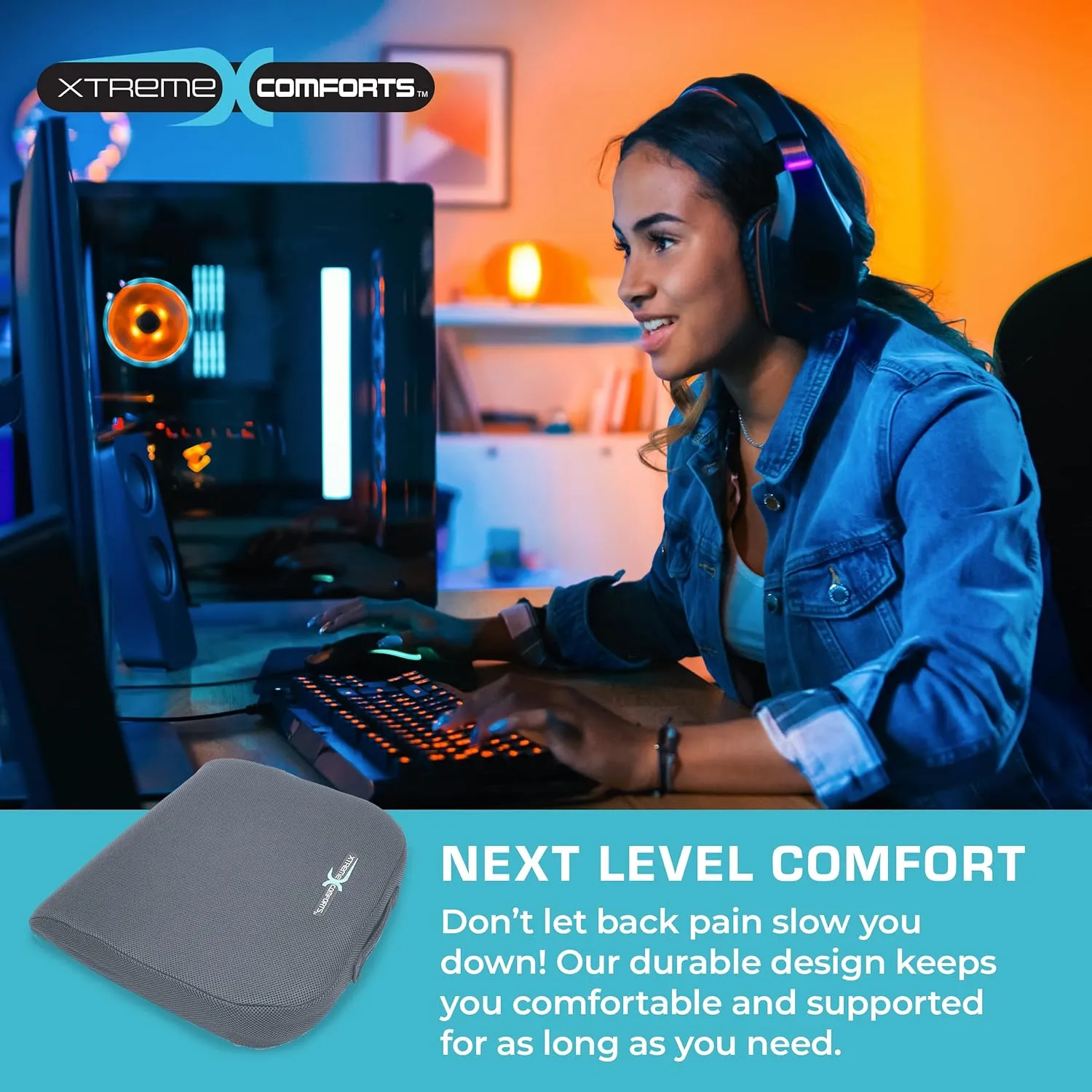 Xtreme Comforts Seat Cushion, Office Chair Cushions - Pack of 1 Padded Foam Cushion w/Handle for Desk, Wheelchair & Car Use - Back Support Pillow for Chair ﻿- Travel Bag Included (Dark Grey)
