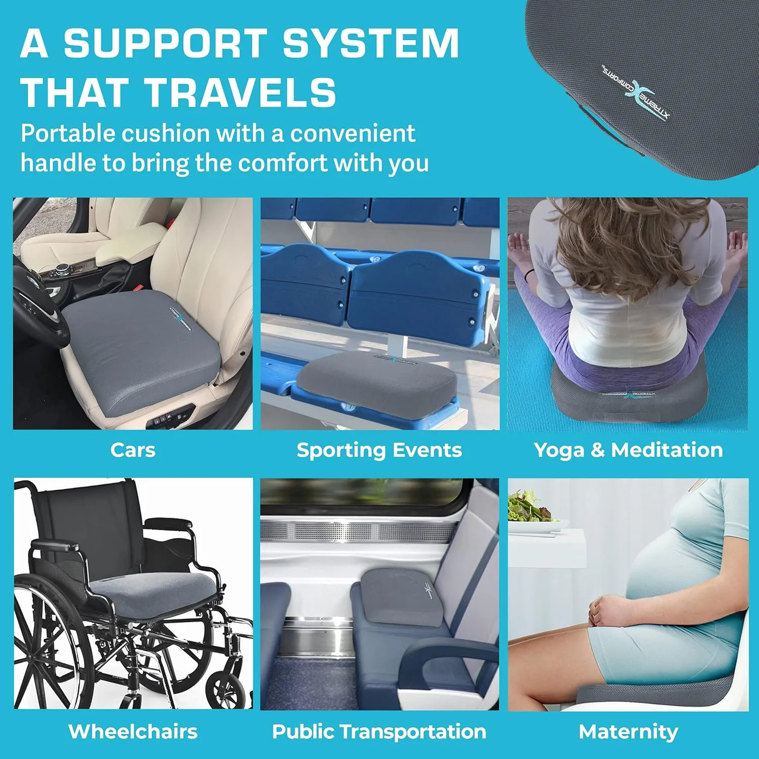 Xtreme Comforts Seat Cushion, Office Chair Cushions - Pack of 1 Padded Foam Cushion w/Handle for Desk, Wheelchair & Car Use - Back Support Pillow for Chair ﻿- Travel Bag Included (Dark Grey)
