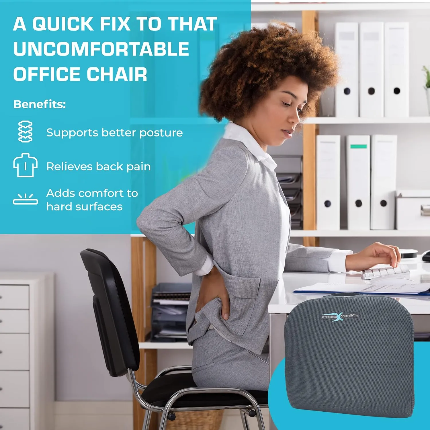 Xtreme Comforts Seat Cushion, Office Chair Cushions - Pack of 1 Padded Foam Cushion w/Handle for Desk, Wheelchair & Car Use - Back Support Pillow for Chair ﻿- Travel Bag Included (Dark Grey)