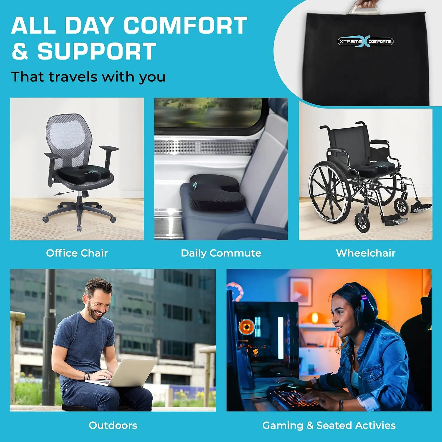 Xtreme Comforts Seat Cushion, Office Chair Cushions - Pack of 1 Padded Foam Cushion w/Handle for Desk, Wheelchair & Car Use - Back Support Pillow for Chair ﻿- Travel Bag Included