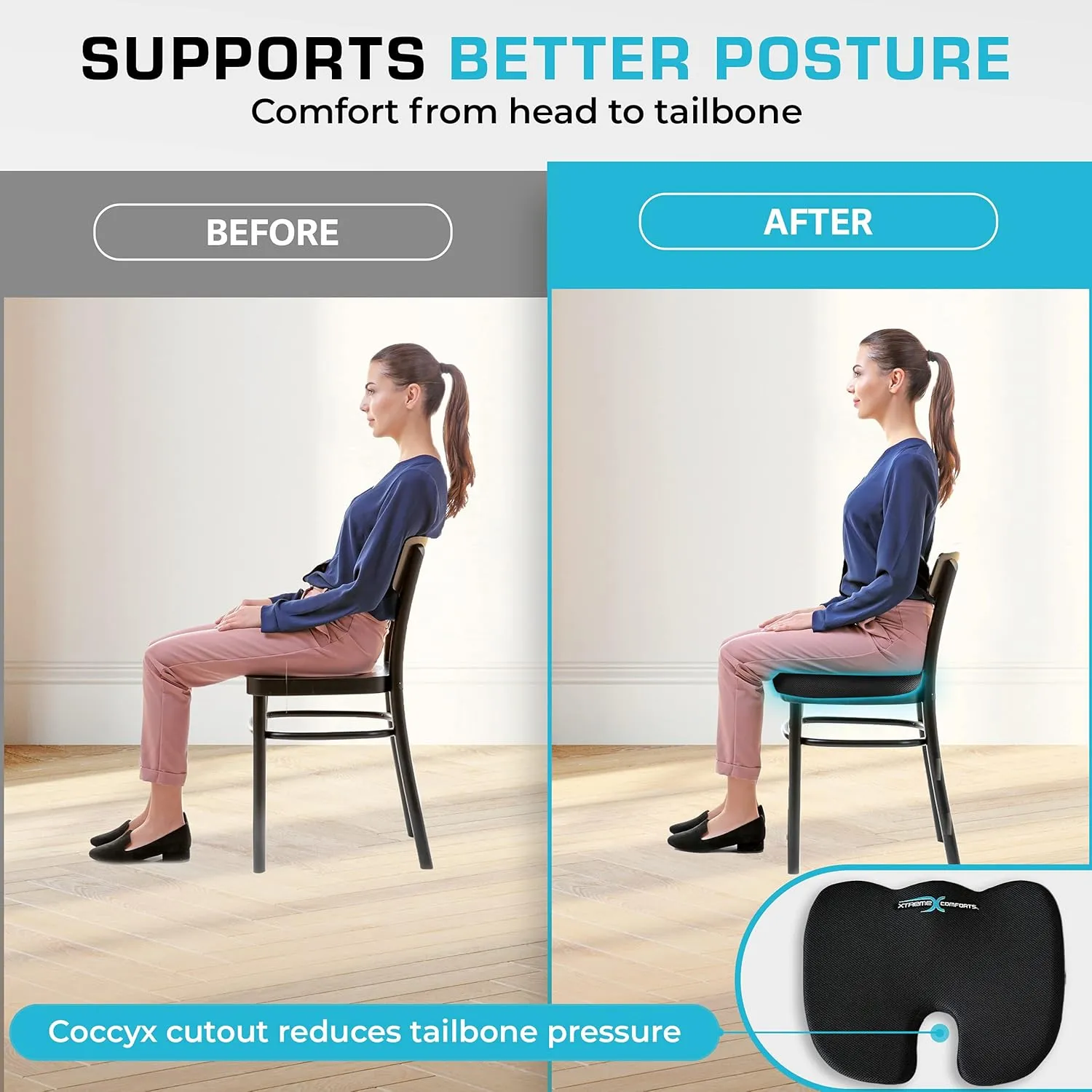 Xtreme Comforts Seat Cushion, Office Chair Cushions - Pack of 1 Padded Foam Cushion w/Handle for Desk, Wheelchair & Car Use - Back Support Pillow for Chair