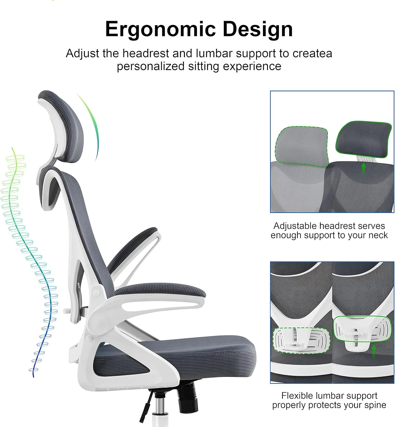 Yaheetech Ergonomic Mesh Office Chair, High Back Desk Chair with flip-up Armrests, Adjustable Padded Headrest Lumbar Support for Home Oiffce Game Room, White/Gray